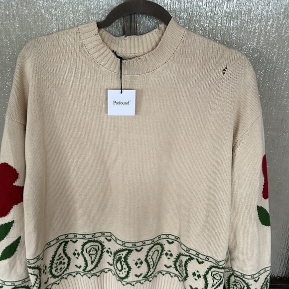 Free People Profound Floral Knit Paisley Distressed Sweater Ivory Size XS Y2K - Picture 7 of 10